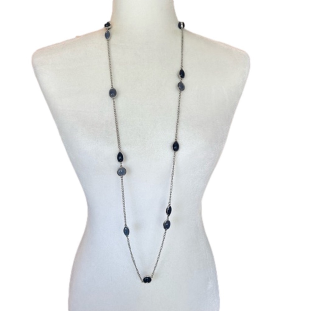Long Silver Tone Blue Shades of Lucite Cabochons Front and Back Necklace